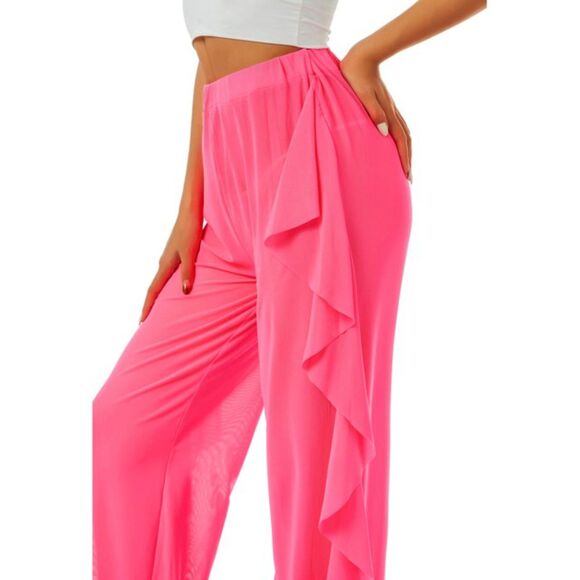 Sheer Mesh Pink Loose Cover Up Elastic High Waist Wide Leg Pants Sz S - Picture 3 of 8
